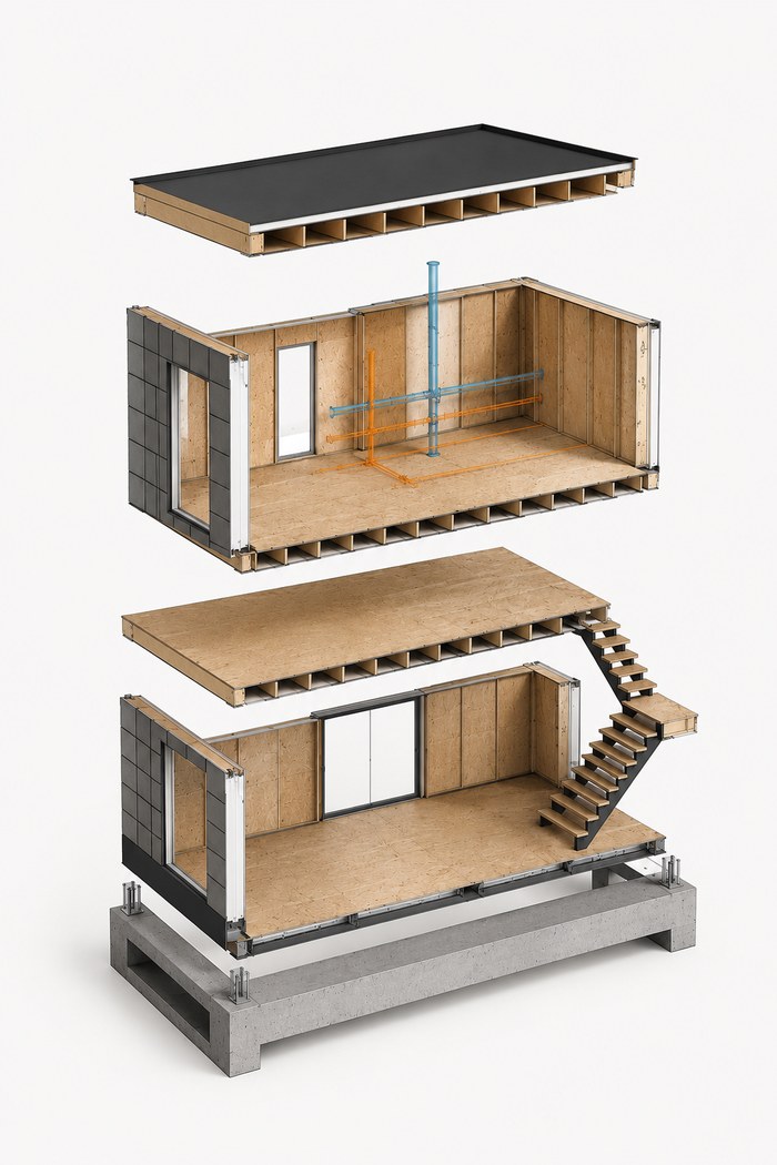 The Okto.green Building System — exploded isometric view